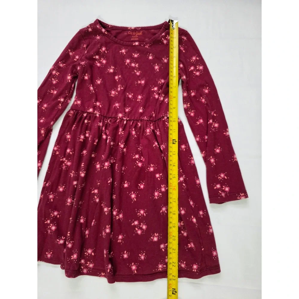 Cat & Jack Girls Burgundy Floral Long Sleeve Jersey Dress Maroon Size S 6/6X